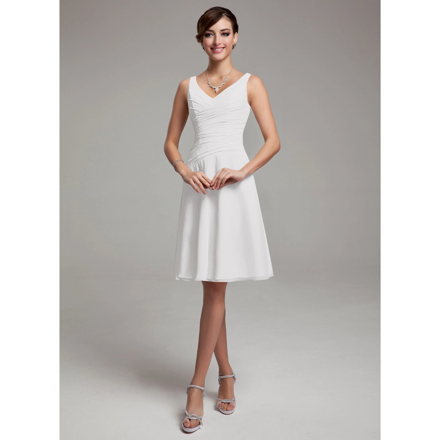 Elegant A-Line V-Neck Sleeveless Ruched Simple White Short Wedding Dress for Women