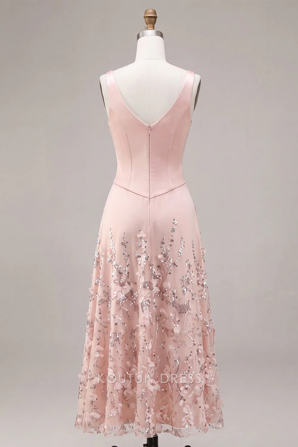 Elegant A-Line V-Neck Sleeveless Sequin Embellished Pink Midi Prom Dresses Women's Gown