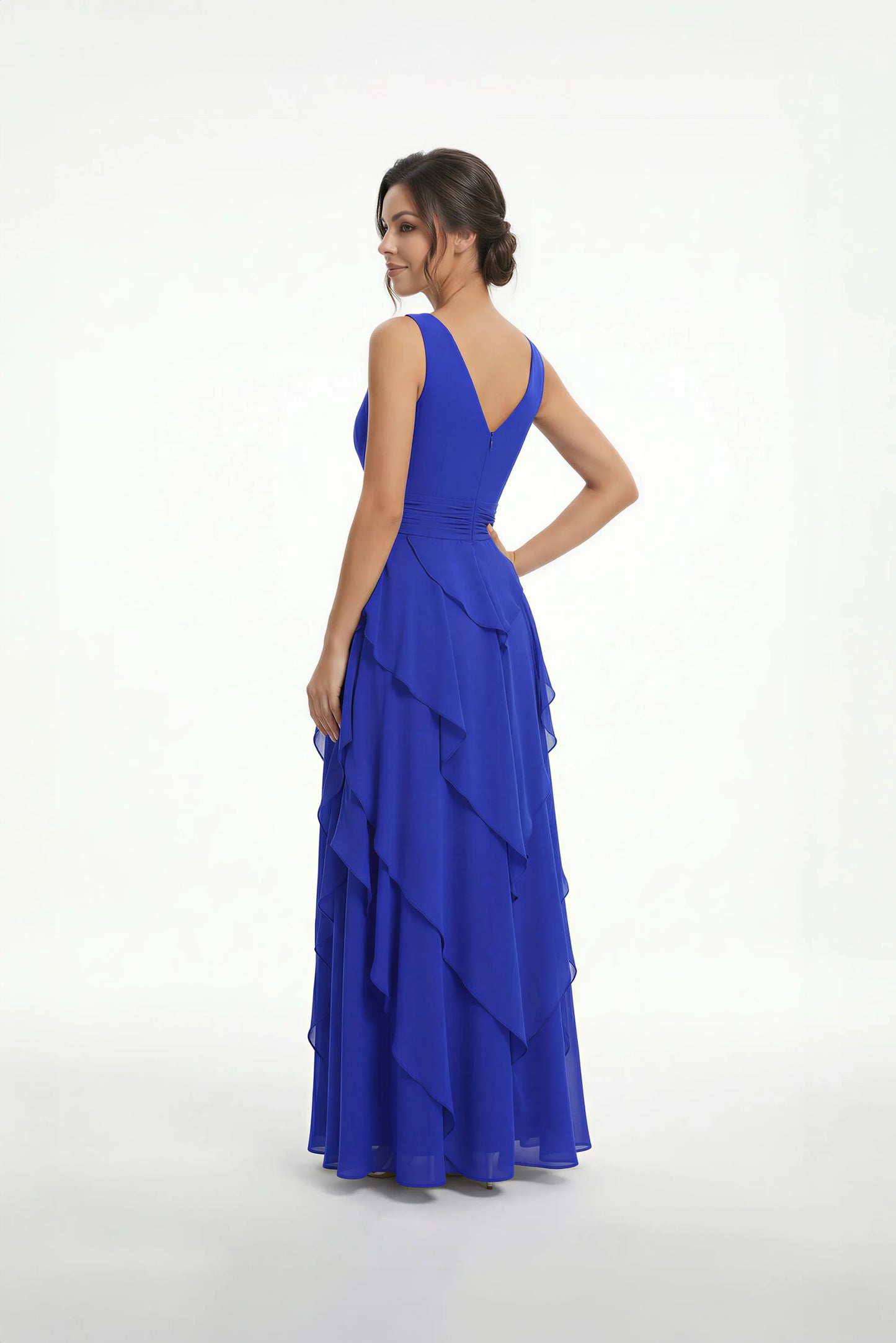 Elegant A-Line V-Neck Sleeveless Tiered Royal Blue Floor-Length Mother of the Bride Dress
