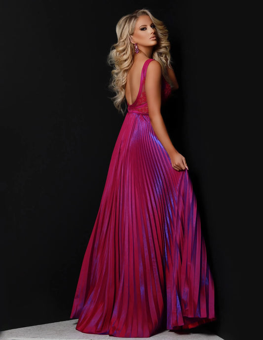 Elegant A-Line V-Neck Sleeveless Two-Tone Pleated Fuchsia Floor-Length Evening Gown