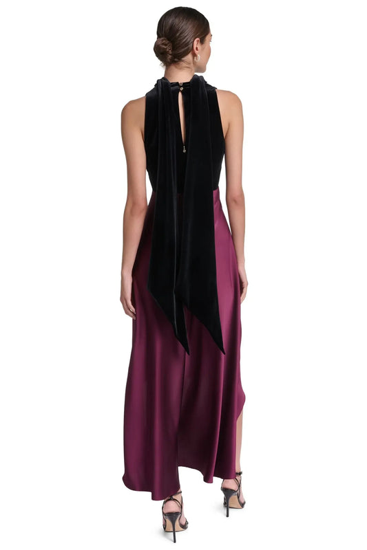 Elegant A-Line V-Neck Sleeveless Two-Tone Plum Midi Mother of the Bride Gown