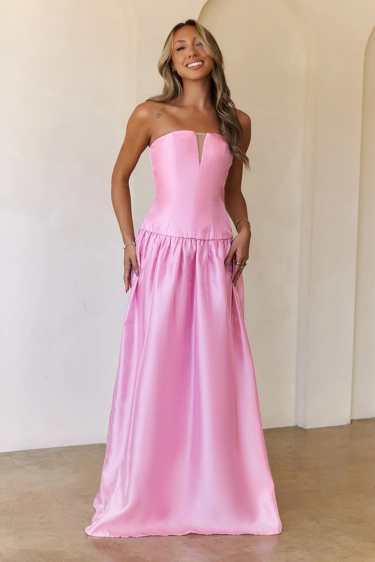 Elegant A-Line V-Neck Strapless Sleeveless Corset Pink Floor-Length Prom Dress