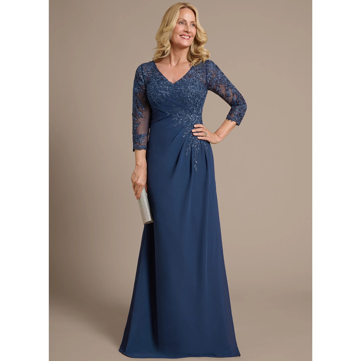 Elegant A-Line V-Neck Three-Quarter Sleeve Beaded Navy Blue Floor-Length Mother of the Bride Gown