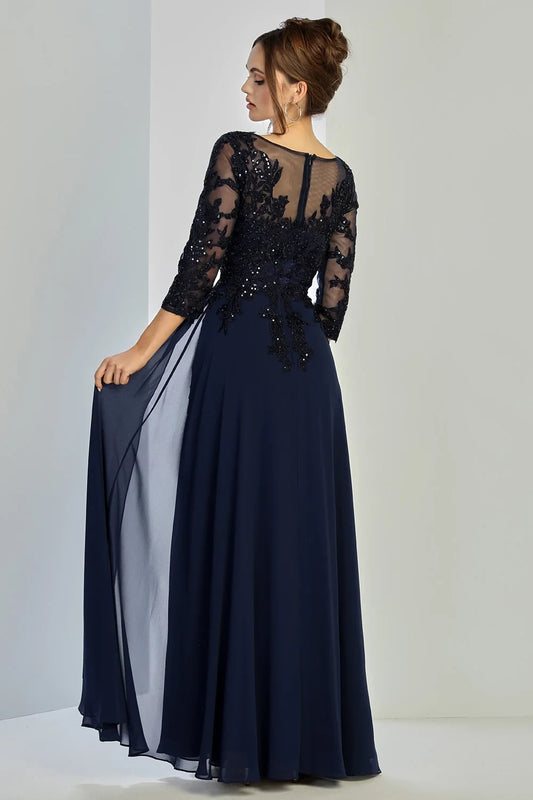 Elegant A-Line V-Neck Three-Quarter Sleeve Embellished Navy Floor-Length Mother of the Bride Gown