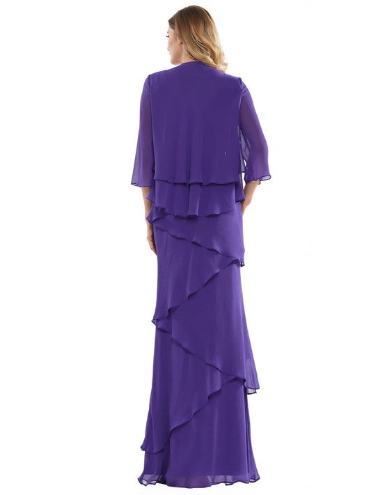 Elegant A-Line V-Neck Tiered Plum Floor-Length Mother Of The Bride Gown