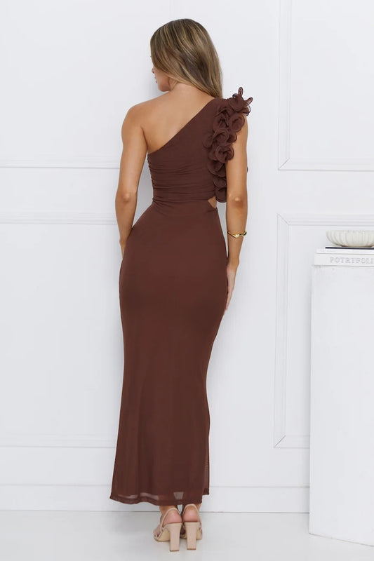 Elegant Bodycon One-Shoulder Ruffled Cutout Chocolate Brown Floor-Length Prom Dresses Women's Gown