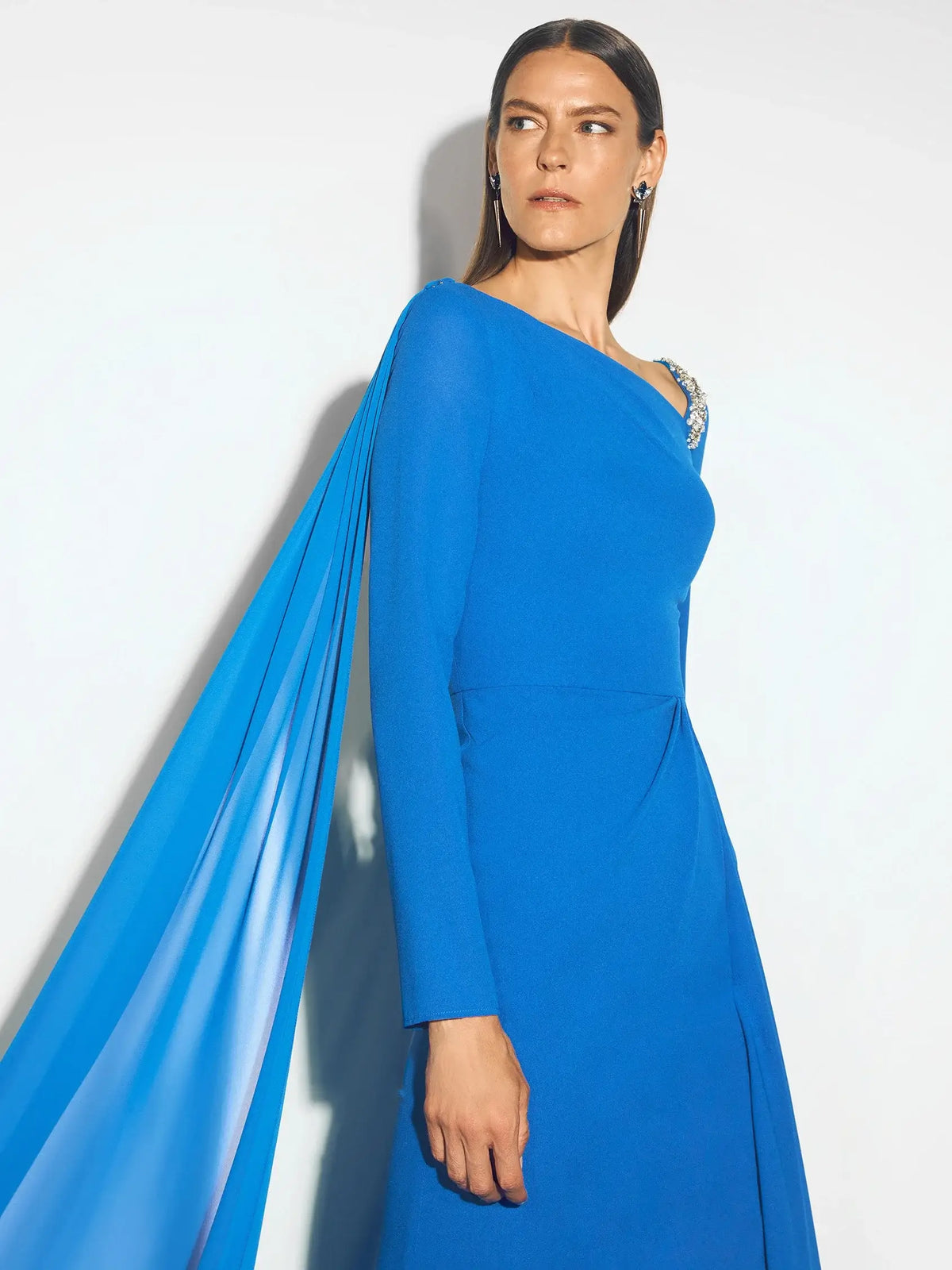 Elegant Column Asymmetrical Long Sleeve Beaded Cape Blue Maxi Evening Dresses