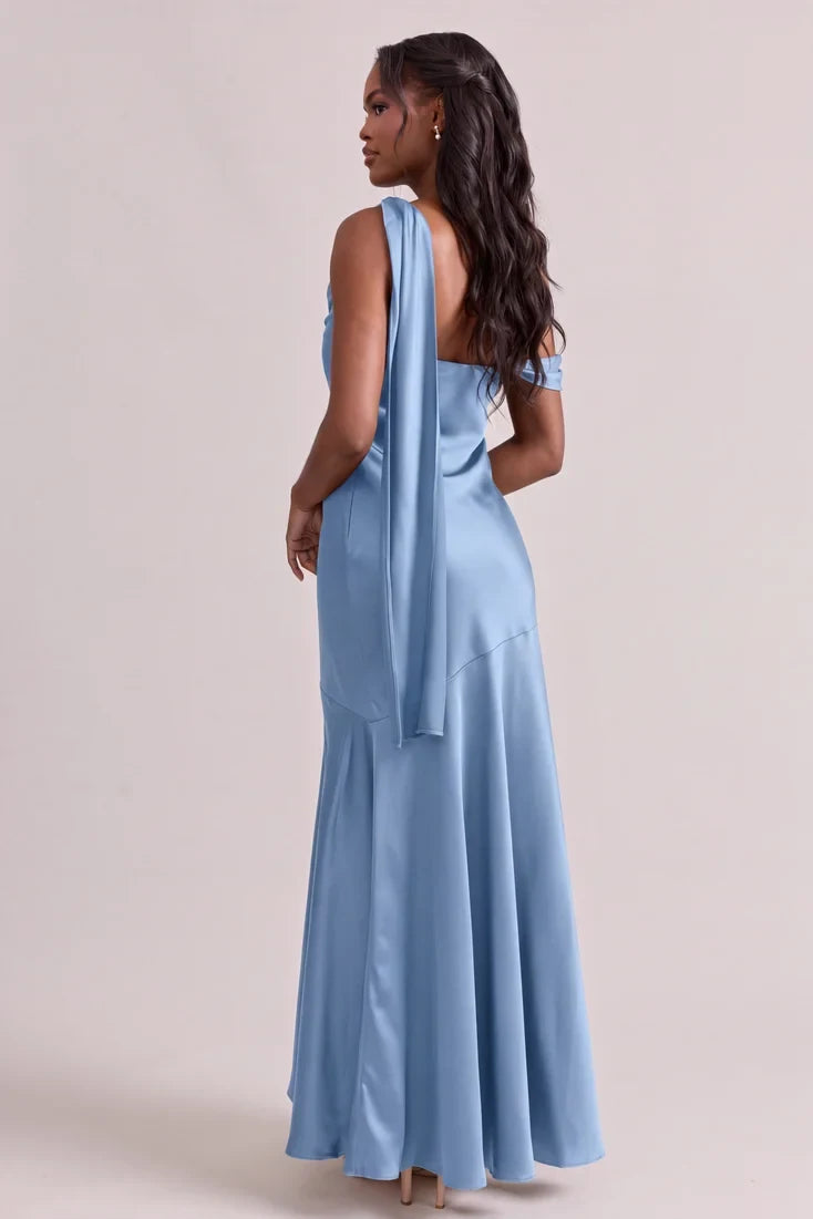 Elegant Draped Cowl Neck Sleeveless Glamorous Sky Blue Floor-Length Prom Gown