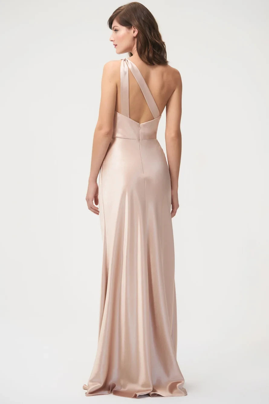 Elegant Draped One-Shoulder Blush Pink Floor-Length Bridesmaid Dress Gown