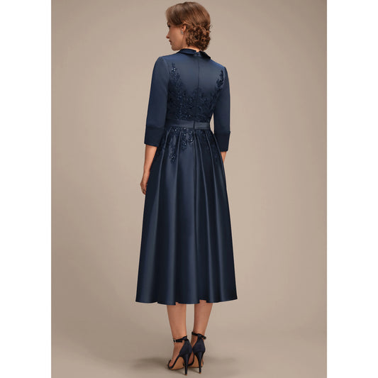 Elegant Embellished A-Line Navy Blue Midi Mother of the Bride Dress
