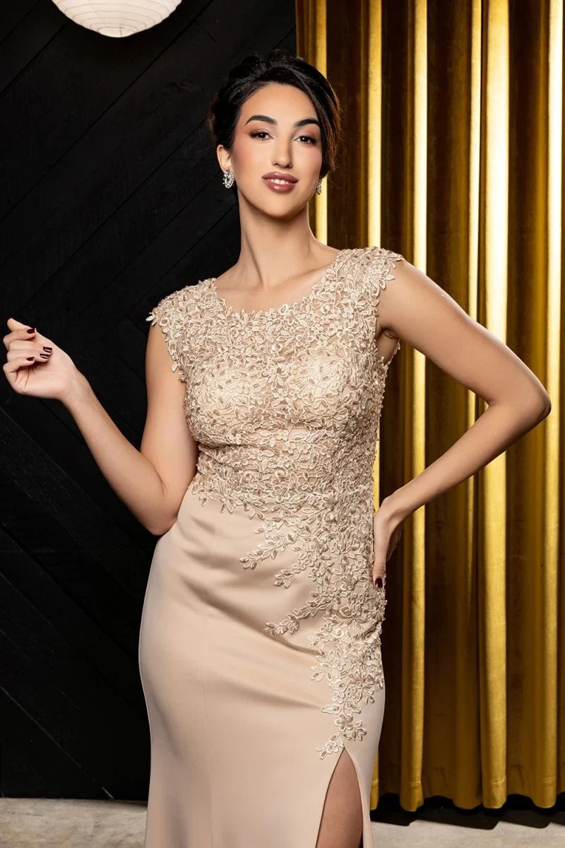 Elegant Embellished Sheath Boat Neck Cap Sleeve Nude Floor-Length Mother of the Bride Gown