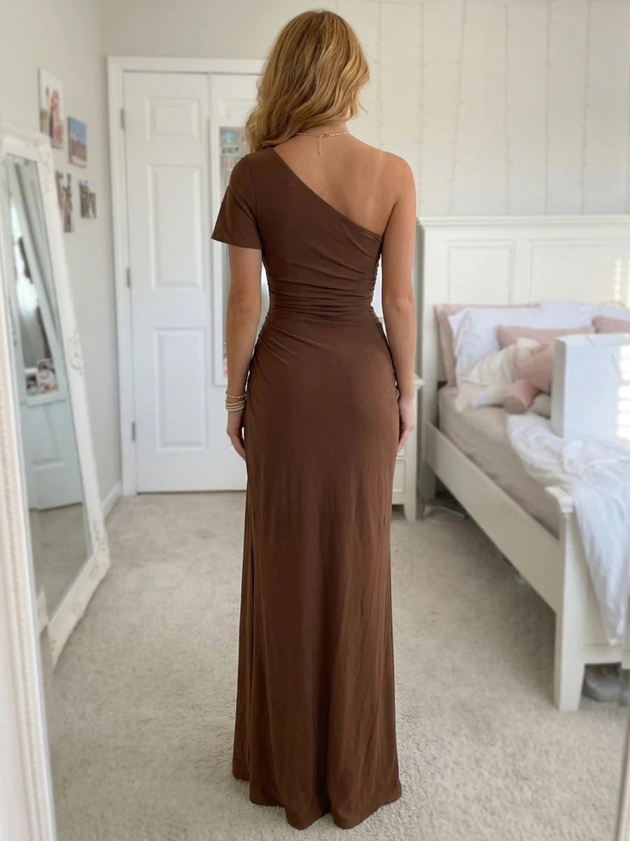 Elegant Fitted One Shoulder Ruched Slit Brown Maxi Prom Dresses Gown