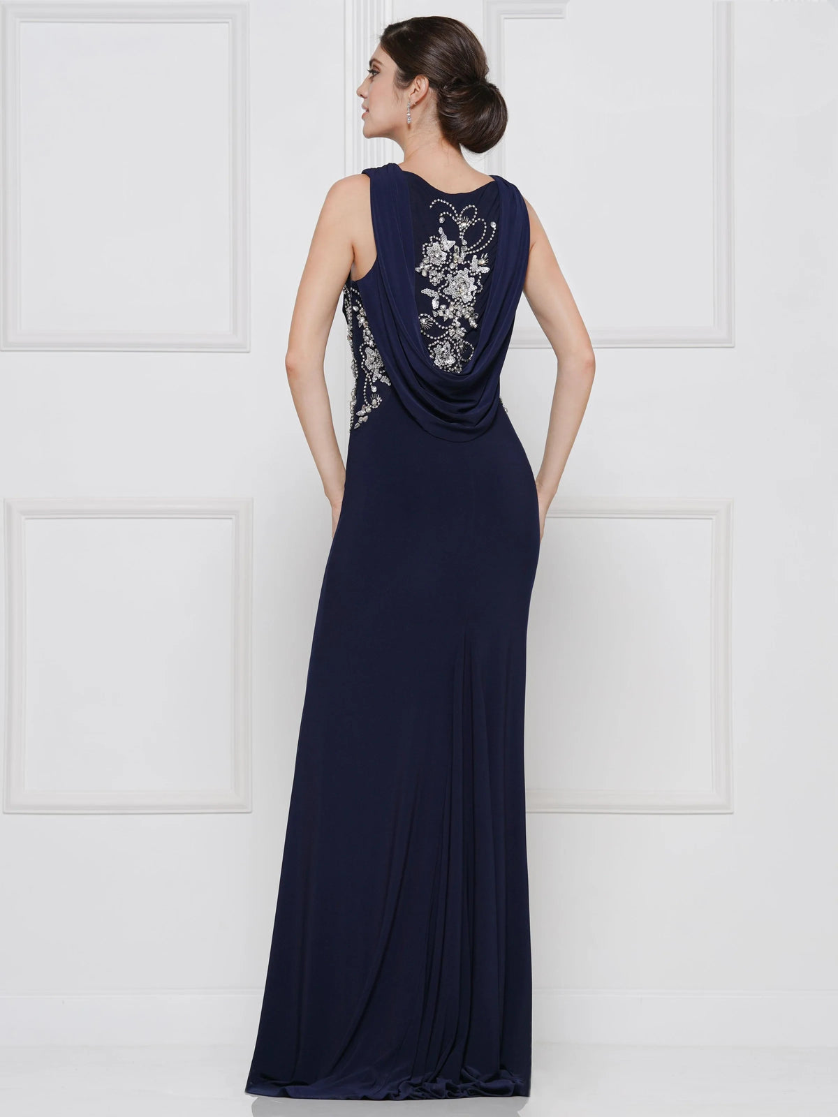 Elegant Fitted Sleeveless Embellished Navy Blue Floor-Length Mother of the Bride Gown