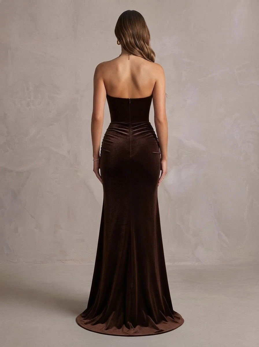 Elegant Fitted Sweetheart Sleeveless Corset Slit Brown Maxi Prom Dresses Womens Gown