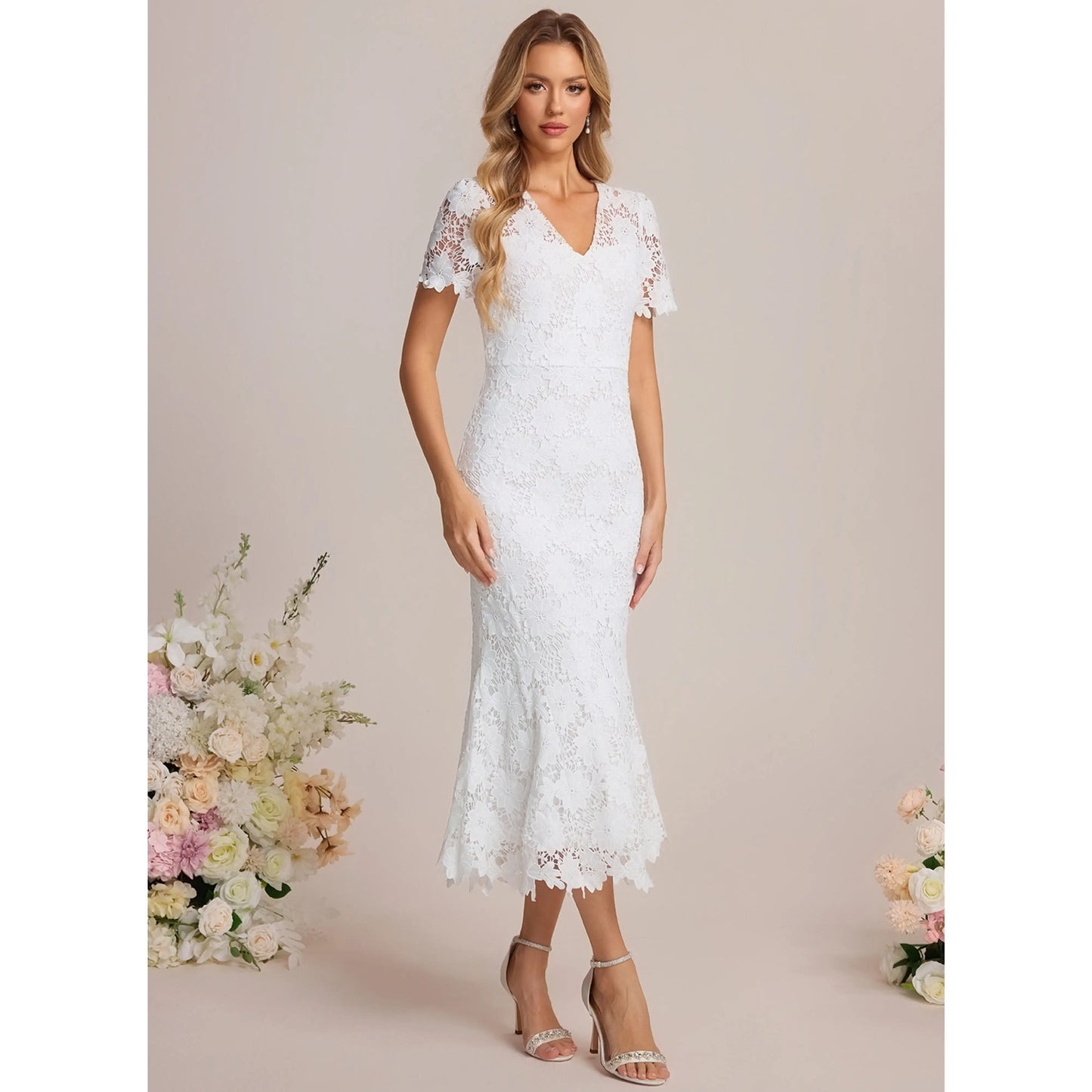 Elegant Fitted V-Neck Short Sleeve Lace White Midi Homecoming Dress for Women