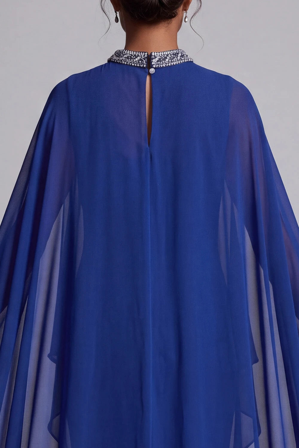 Elegant Flowy High Neck Cape Sleeve Beaded Royal Blue Floor-Length Prom Gown