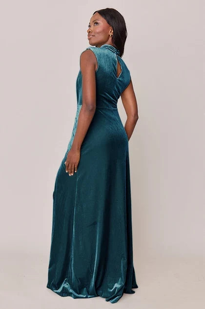 Elegant High Neck Sleeveless Ruched Slit Teal Floor-Length Bridesmaid Dress