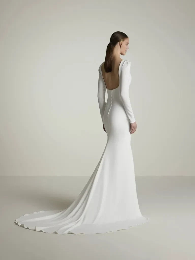 Elegant Mermaid Boat Neck Long Sleeve Ruched Slit Open Back White Wedding Dress