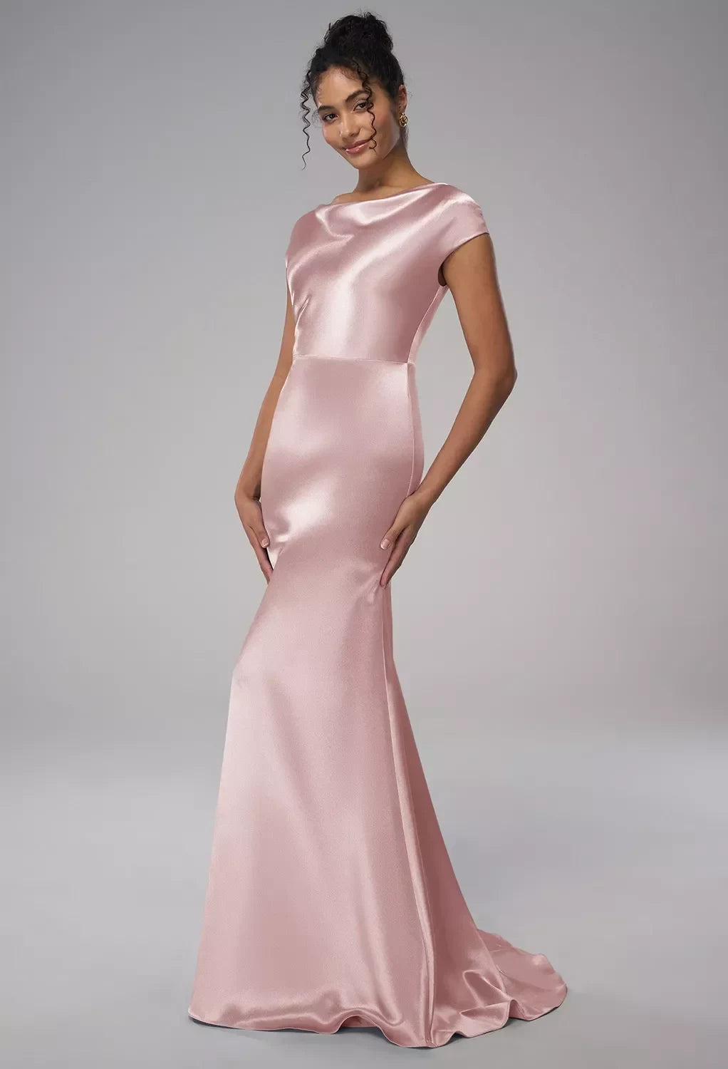 Elegant Mermaid Cowl Cap-Sleeve Sleek-Formal Pink Maxi Bridesmaid Dress Women Gown