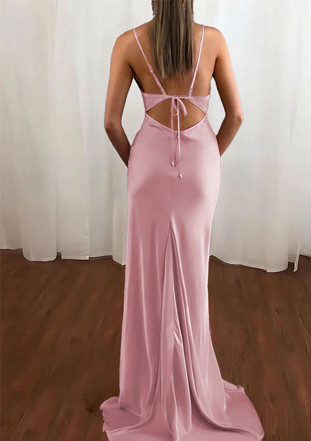Elegant Mermaid Cowl Neck Sleeveless Glamorous Backless Dusty Rose Floor-Length Prom Dresses for Women