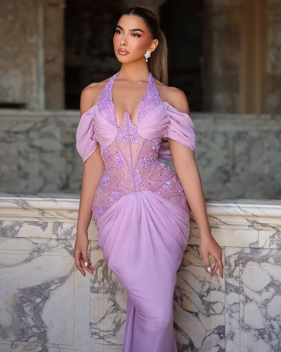 Elegant Mermaid Halter Off-Shoulder Embellished Lavender Floor-Length Prom Dresses Gown