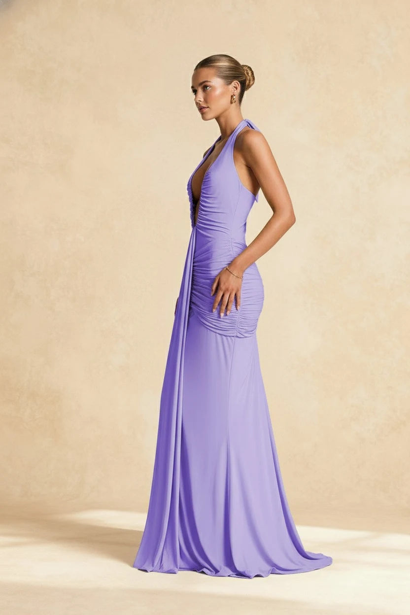 Elegant Mermaid Halter Sleeveless Ruched Flowy Lavender Floor-Length Prom Dresses Women's Gown
