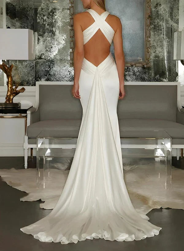 Elegant Mermaid Halter V-Neck Sleeveless Glamorous Ivory Floor-Length Wedding Dresses Bridal Gown
