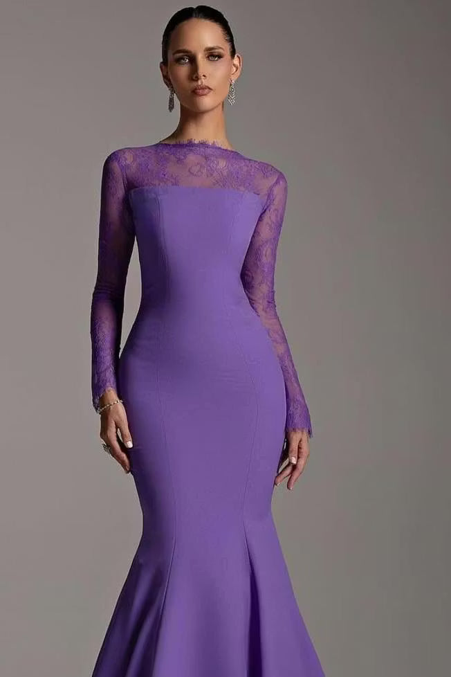 Elegant Mermaid Illusion Long Sleeve Lace Floor-Length Purple Prom Dresses Women's Gown