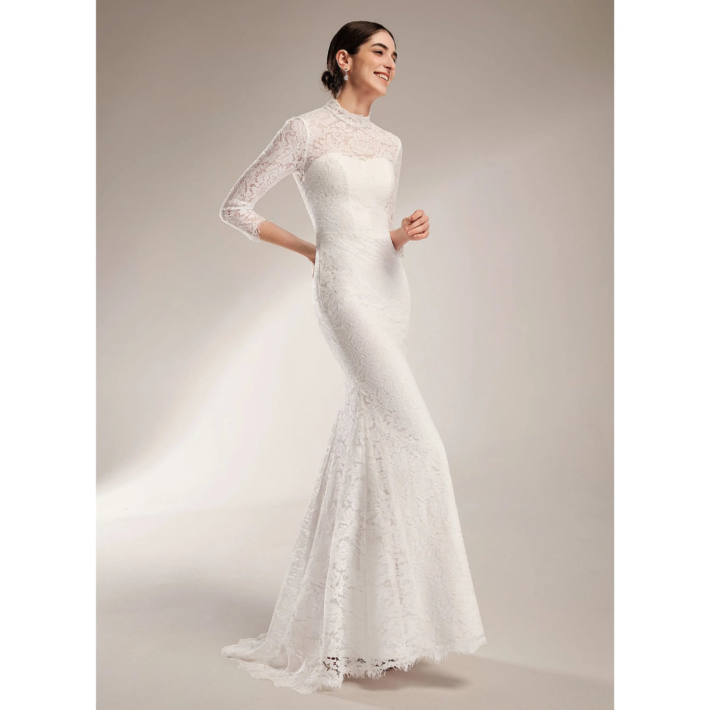 Elegant Mermaid Lace High Neck Three-Quarter Sleeve White Floor-Length Wedding Dress
