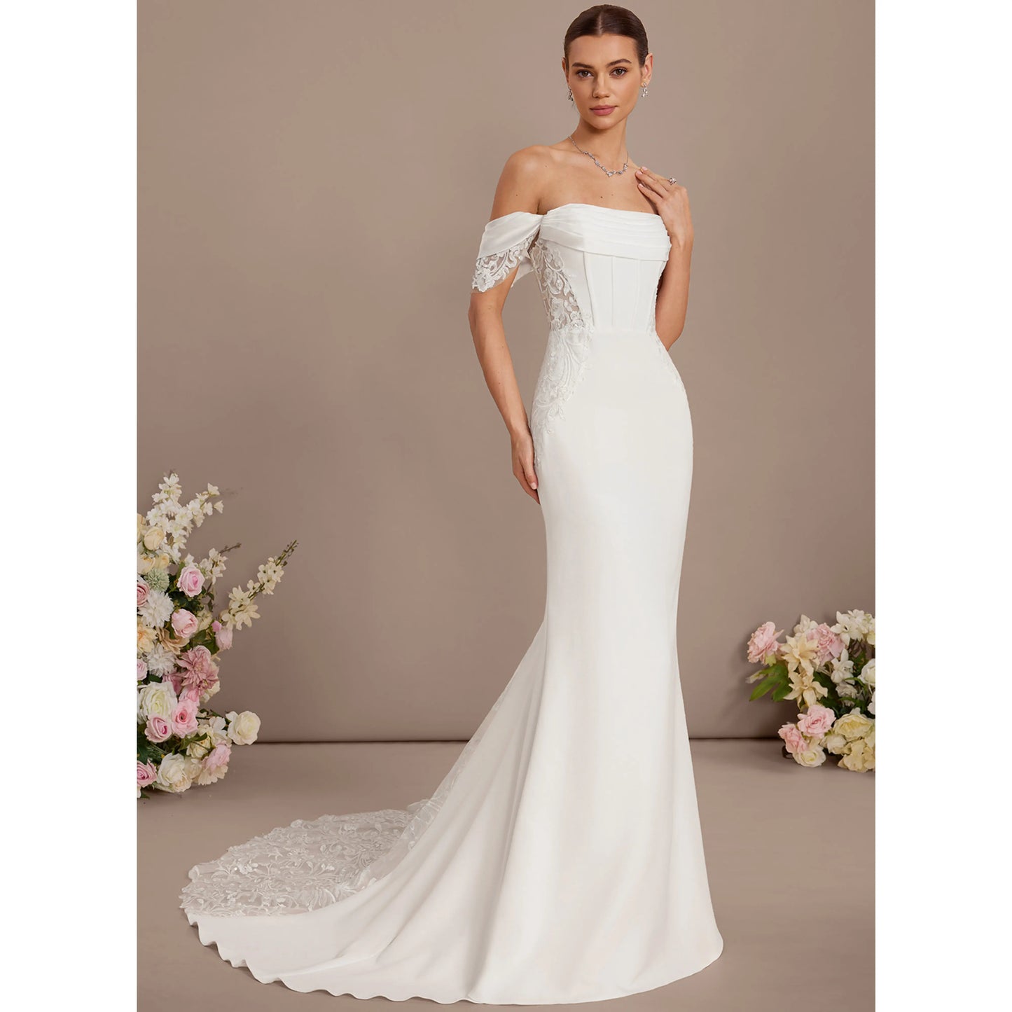 Elegant Mermaid Off-Shoulder Draped Lace White Floor-Length Wedding Gown