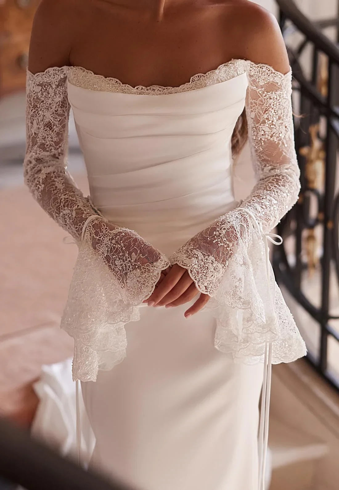 Elegant Mermaid Off-Shoulder Long Sleeve Lace Ivory Floor-Length Wedding Gown