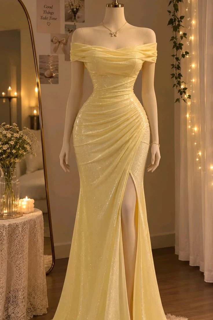 Elegant Mermaid Off-Shoulder Short-Sleeve Ruched Slit Yellow Long Prom Dresses Women Gown