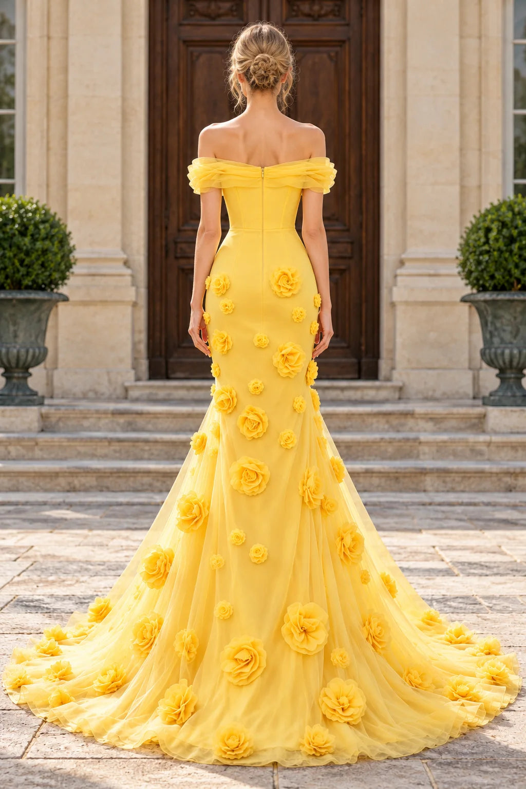 Elegant Mermaid Off-Shoulder Sleeved 3D Floral Yellow Long Prom Dresses Women