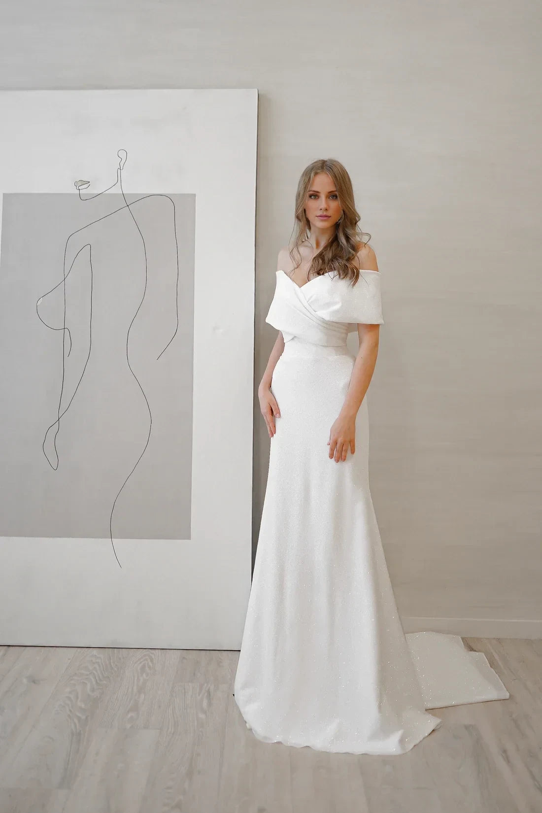 Elegant Mermaid Off-Shoulder Sleeveless Sparkle White Floor-Length Wedding Dresses