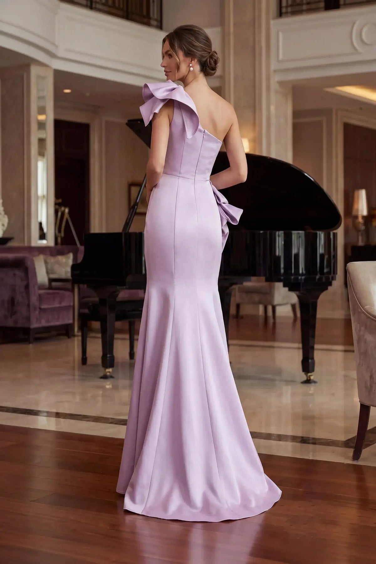 Elegant Mermaid One-Shoulder Ruffled Lavender Floor-Length Mother of the Bride Gown