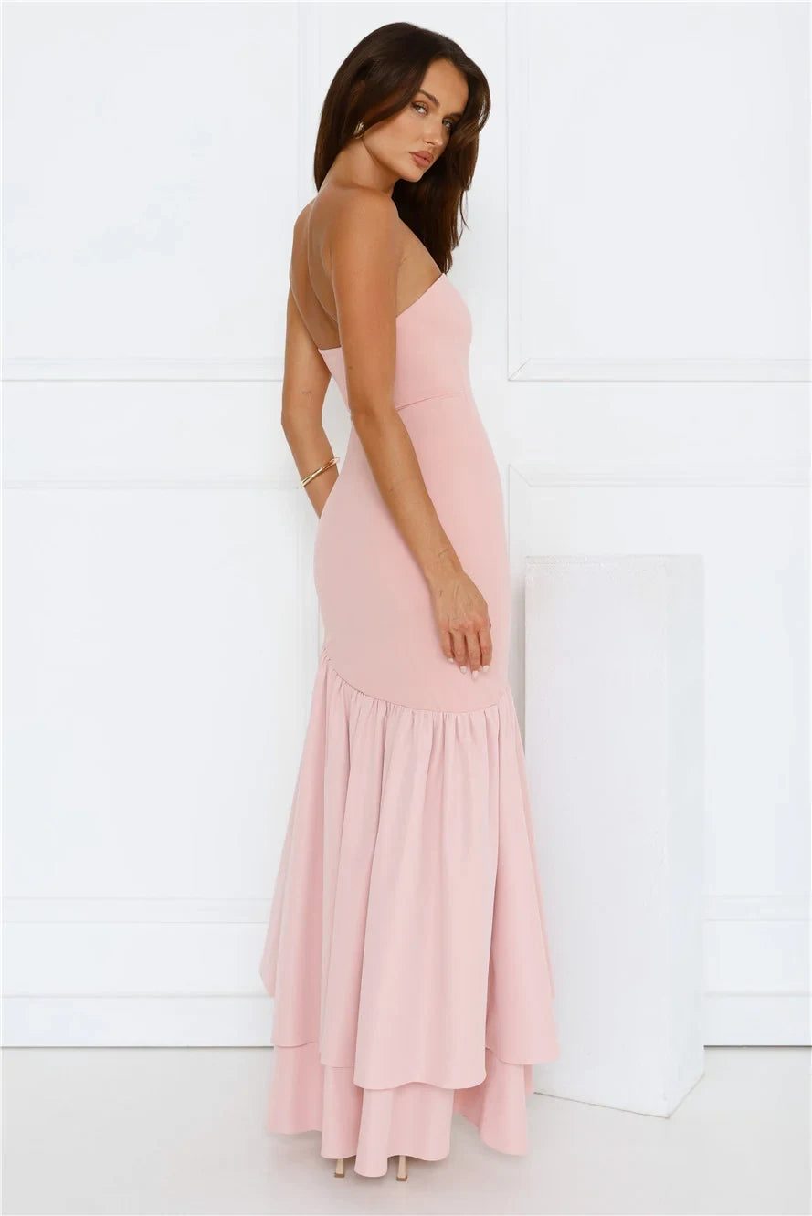 Elegant Mermaid Strapless Ruffled Asymmetrical Blush Pink Floor-Length Prom Dress