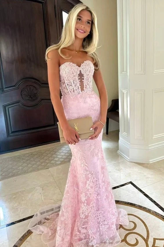 Elegant Mermaid Sweetheart Strapless Corset Backless Pink Long Prom Dresses Women