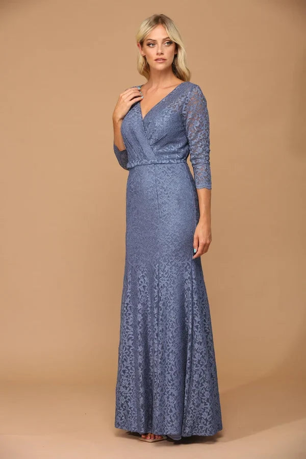 Elegant Mermaid V-Neck 3/4 Sleeve Lace Dusty Blue Floor Mother Gown
