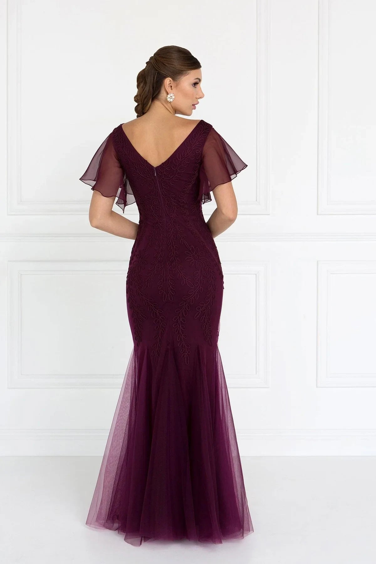 Elegant Mermaid V-Neck Flutter Sleeve Beaded Wine Floor-Length Mother Of The Bride Dress
