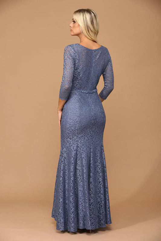 Elegant Mermaid V-Neck Three-Quarter Sleeve Lace Dusty Blue Mother of the Bride Dress
