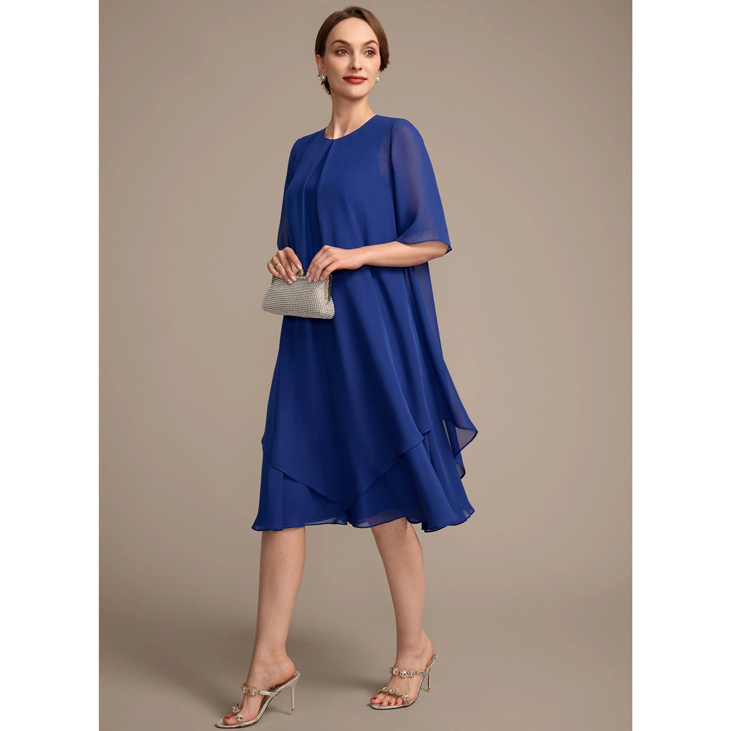 Elegant Round Neck Short Sleeve Layered Royal Blue Midi Mother of the Bride Dress