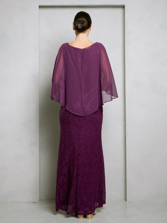 Elegant Sequin Sheath Scoop Neck Cape Sleeve Plum Floor-Length Mother Gown