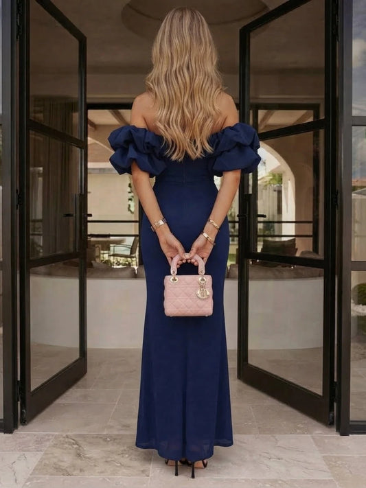 Elegant Sheath Bardot Sleeved Ruffled Navy Floor-Length Prom Dresses Women Gown