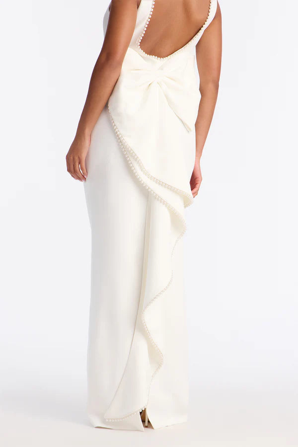 Elegant Sheath Boat Neck Sleeveless Pearl Trim Ivory Prom Gown