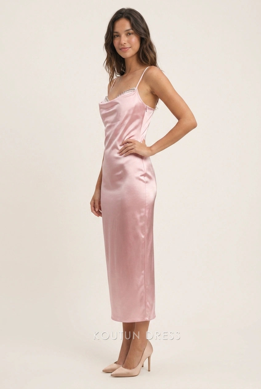 Elegant Sheath Cowl Neck Glamorous Sophisticated Blush Midi Prom Dresses