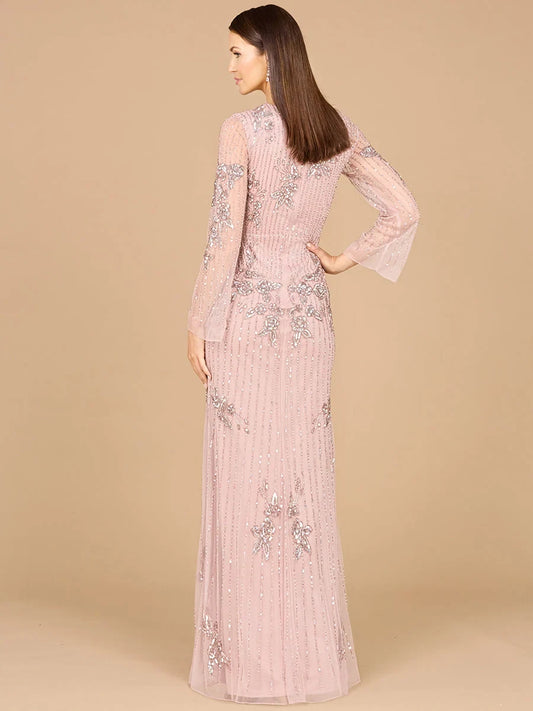 Elegant Sheath Crewneck Long-Sleeve Beaded Sequin Rose Maxi Mother-of-the-Bride Dress Women