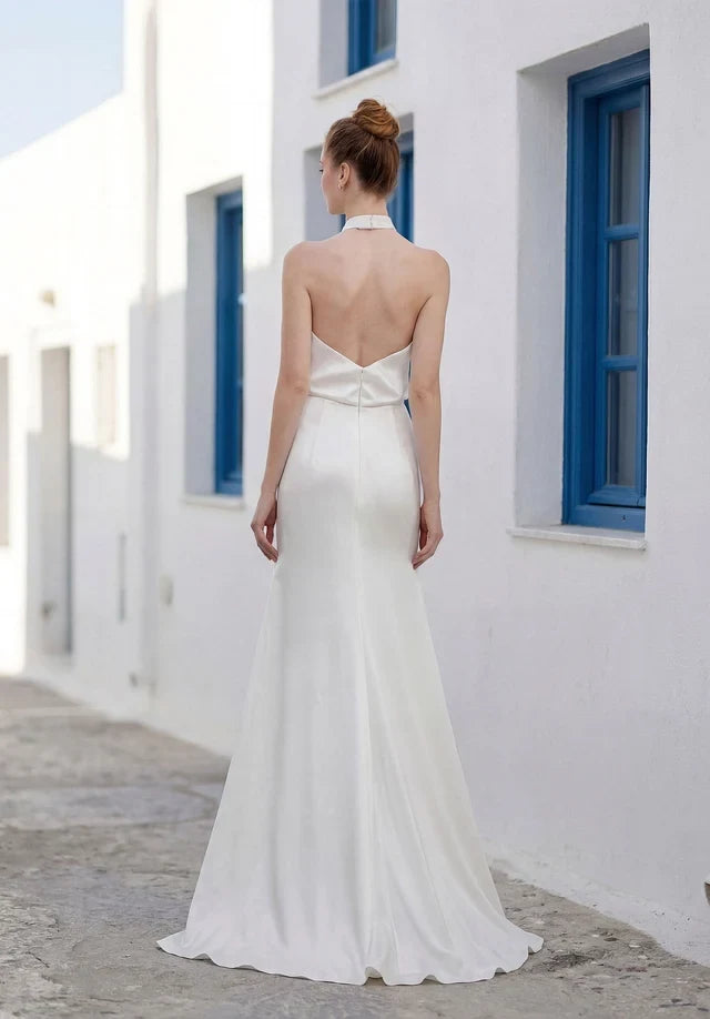 Elegant Sheath Halter Draped Backless Ivory Maxi Wedding Dresses Bridal Gown