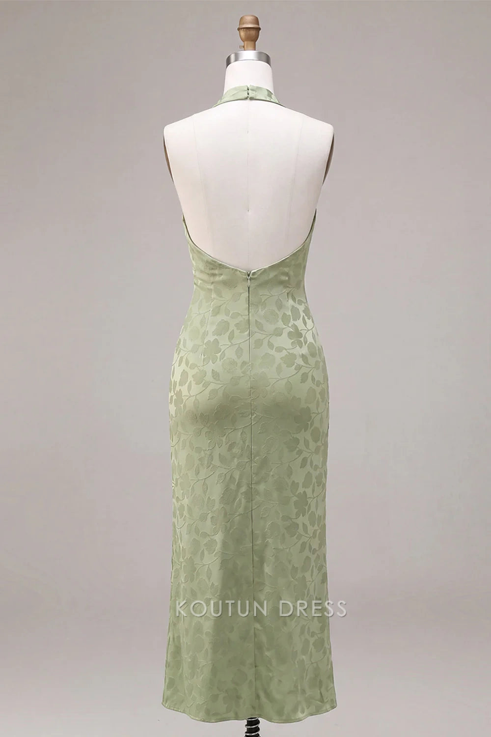 Elegant Sheath Halter Sleeveless Backless Jacquard Light Green Midi Prom Dresses Women's Gown