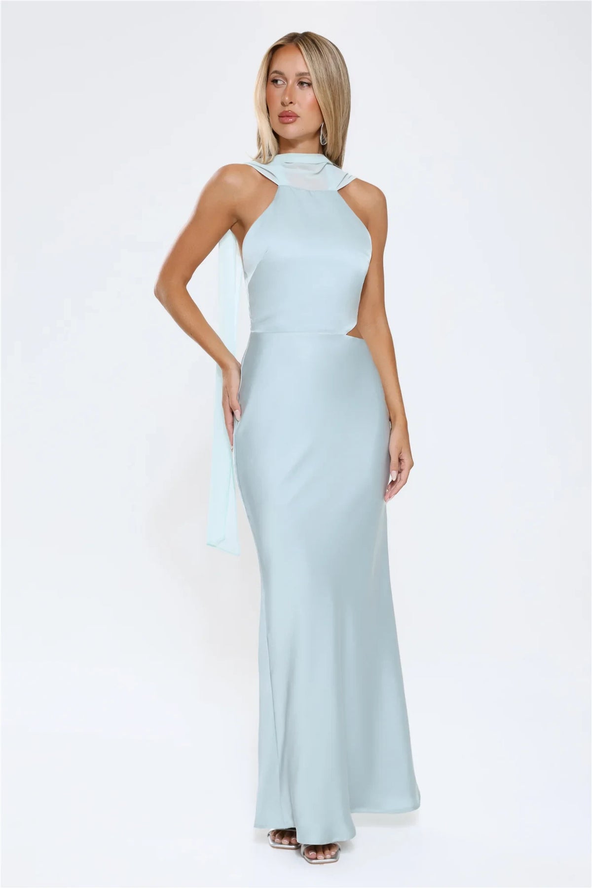 Elegant Sheath Halter Sleeveless Cutout Backless Dusty Blue Floor-Length Prom Dress