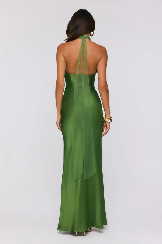 Elegant Sheath Halter Sleeveless Glamorous Olive Green Floor-Length Prom Dress